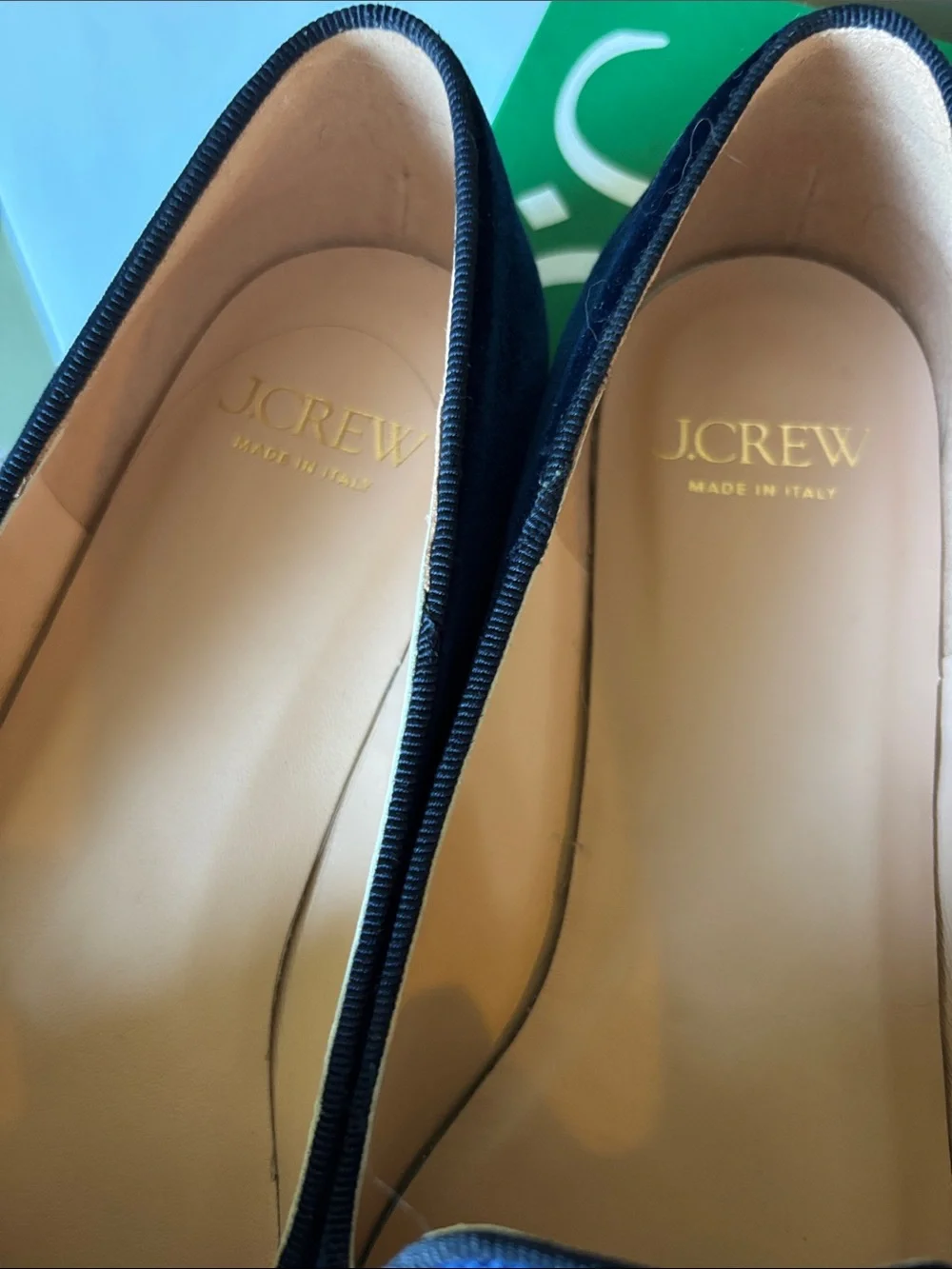 J. Crew Navy Velvet Loafers with Red Heart Applique